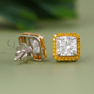 Fancy Color Lab Grown Diamond Stud Earrings 14K Two Tone Yellow Diamond Halo <b>Cushion</b> Cut Square <b>Statement</b> Screw Back - Product Image 3