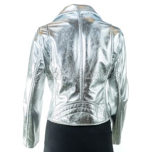 Chaqueta de cuero auténtico plateada para mujer, diseño con cremallera, venta al por mayor, fabricada en Pakistán. - Product Image 4