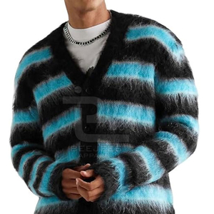 <b>Men's</b> Striped Knitted <b>Cardigan</b> Sweater Black And Blue <b>Long</b> Sleeve Thick Winter Wear Button Closure Full Sleeve - Product Image 6