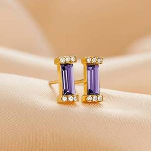 Pendientes de Tanzanita en Forma de Baguette, Plata de Ley 925, Chapados en Oro de 14K, Cristal Morado, Piedra de Nacimiento de Diciembre - Product Image 5