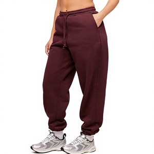 Women's Burgundy Fleece 100% Cotton Wide Leg <b>Harem</b> Pants Mid Waist Drawstring Loose Fit Ankle-Length Solid Color Casual - Product Image 1