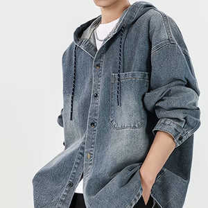 เสื้อฮู้ดดี้ผู้ชายสำหรับฤดูหนาว 350 GSM สีเทา แขนยาว ปิดด้วยกระดุม สไตล์สตรีทแวร์ เสื้อฮู้ดดี้เดนิมผู้ชาย - Product Image 6