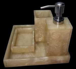 Resin Faux Stone Bathroom Accessory Set 4 Piece Countertop Toiletry Organizer Dispenser <b>Toothbrush</b> <b>Holder</b> Tray For Hotel Use - Product Image 1