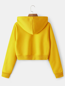 Sweat-shirt à capuche jaune pour femme, manches longues, fermeture éclair, couleur unie, tricoté en spandex/coton respirant, vêtement décontracté d'automne - Product Image 2