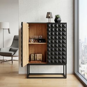 Dice Cabinet Black Modern Wooden Storage <b>Drawer</b> Organizer Featuring Geometric Diamond Pattern Carved Facade And Metal Base - Product Image 2
