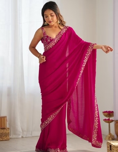 Sari traditionnel en soie rose orné pour femme KV, avec chemisier non cousu, réversible et infroissable, idéal pour les occasions de fête d'automne - Product Image 5