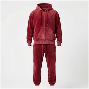 Unisex Red <b>Velour</b> <b>Tracksuit</b> Set Full Sleeve Hooded Zipper Front Solid Color Casual Winter Wear Regular Fit Adults - Product Image 1