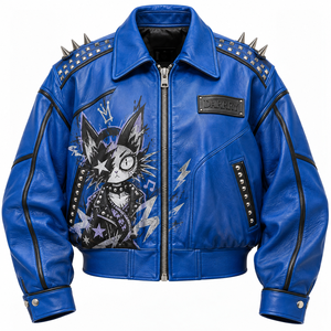 Royal Blue <b>Women</b> Genuine Leather Bomber Jacket Custom Punk Cat Graphic Printed Button Cuff Spiked <b>Outerwear</b> Manufacturer - Product Image 1