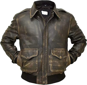 Chaqueta de aviador de cuero genuino de vaca marrón envejecido, estilo vintage, lavada, de gran tamaño, para hombre, al por mayor - Product Image 3