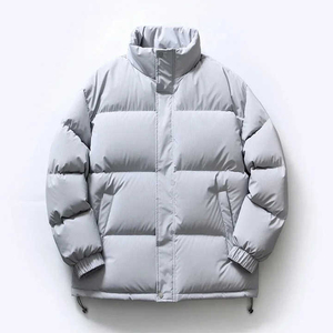 Chaqueta de burbujas gris sólida para hombre, cuello alto, cierre de cremallera, cortavientos, ropa casual de invierno, relleno 100% de fibra de poliéster, corte alto frontal - Product Image 1
