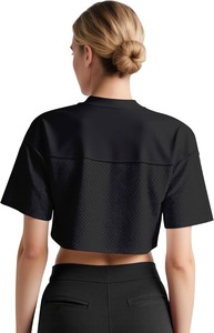 Women V Neck Short Sleeve <b>Crop</b> <b>Top</b> <b>Mesh</b> Fabric Breathable Sporty Style Solid Color Black - Product Image 3