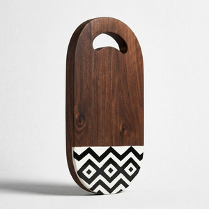 Walnut Chopping <b>Board</b> Smooth Oval Profile Strikingly Accented By A <b>Black</b> And White Geometric Base Pattern For Cutting Vegies - Product Image 3