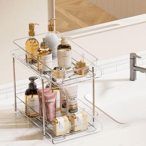 4 Pack 2-Tier Clear Bathroom Sink Organizers Pull Out Medicine Cabinet Storage for <b>Kitchen</b> <b>Pantry</b> - Product Image 4