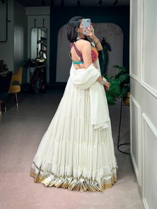 Custom Women Boho Indo Western Off <b>White</b> Layered Skirt Bandhani Print Halter Crop Top Shell Tassel Dupatta Wholesale - Product Image 4