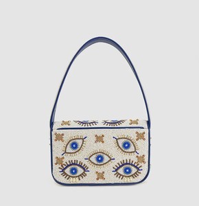 Sac bandoulière artisanal brodé de perles, motif œil, thème Feng Shui, bleu clair, avec sangle, pour femme - Product Image 6