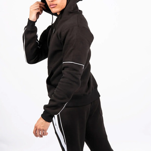 Conjunto de Sudadera con Capucha y Pantalones Cortos Negros para Hombre, Sudadera de Felpa Francesa de Color Sólido con Raya Blanca, Ropa Deportiva Informal de Verano - Product Image 5