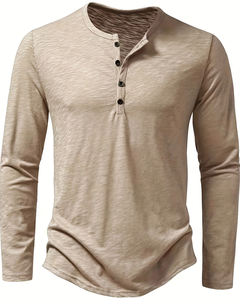 Men's Slim Fit Long Sleeve Henley T-Shirt Stand-Up Collar Solid Color Breathable Knitted Cotton Casual Wear 220g Made Bangladesh - Product Image 1