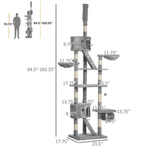 Albero per Gatti Regolabile in Altezza da Pavimento a Soffitto, Solido, 94.5-102.5 Pollici, con Tiragraffi e Cucce, Torre per Arrampicata Gatti - Product Image 3