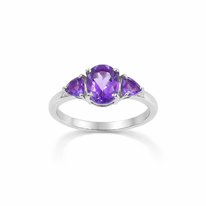 Sterling <b>Silver</b> 925 Amethyst Oval and Trillion Three Stone <b>Ring</b> Prong <b>Set</b> Designer Gemstone Jewelry - Product Image 4