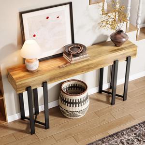 Mesa Consola Extra Larga con Tapa de Madera Rústica Gruesa y Patas de Metal Negro, Mueble Moderno de Estilo Industrial para Entrada - Product Image 6