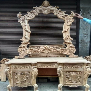 Classic wooden <b>dressing</b> <b>table</b> with three-paneled mirror, ornate gold finish, and drawers, available at wholesale prices. - Product Image 3