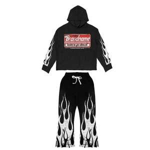Ensemble de survêtement personnalisé avec imprimé flamme, sweat à capuche et pantalon à cordon de serrage, unisexe, style streetwear, tenue décontractée de printemps - Product Image 1