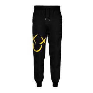 Pantalones Deportivos Negros Bordados para Hombre con Cara Sonriente Amarilla en la Pierna Izquierda, Joggers Casuales con Cintura Elástica y Cordón Ajustable para Otoño - Product Image 1
