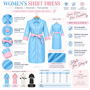 Robe chemise bleu clair Cosh International Sorority Sisterhood avec poignets contrastants roses et ceinture, longueur genou, tenue décontractée - Product Image 6
