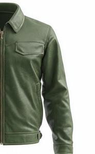 High Quality Men's Green Leather Moto <b>Jacket</b> Turn-down Collar Zipper Closure Regular Fit Autumn Style - Product Image 5