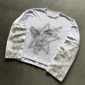 Men's Hot Sale Vintage Washed Heavy Cotton Double Layer Long Sleeve T-shirt Men Custom Screen Printed Graphic Rhinestone <b>Tshirt</b> - Product Image 1