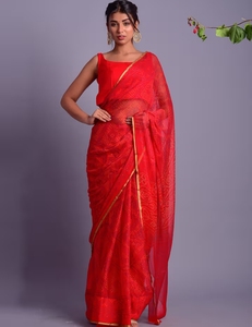KV <b>Red</b> Chiffon <b>Saree</b> With Blue Bandhani Print With Unstitched Blouse - Product Image 1