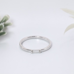 Minimalist White Gold Baguette Cut Lab Grown <b>Diamond</b> Solitaire <b>Ring</b> East West Set Dainty Stackable Band Fine Jewelry - Product Image 1