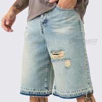 Shorts en jean pour hommes respirants, coupe droite, style Hip Hop, taille mi-haute, tricotés, Y2K, streetwear d'été, décontractés, avec broderie, délavage clair, pour la vente en gros