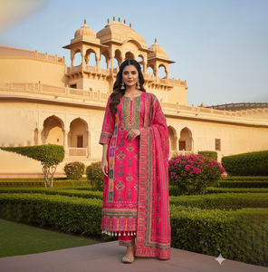 Maslin de estilo indio y paquistaní con diseño de impresión digital y trabajo de espejo real con borde de encaje pesado Listo Salwar Kameez - Product Image 1