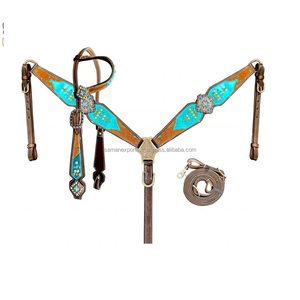 100% cuero genuino occidental de una sola oreja Headstall y conjunto de cuello de pecho con riendas a juego al por mayor fabricante proveedor - Product Image 3