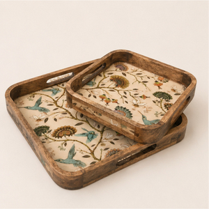 Juego de 2 bandejas de servir de madera de mango con diseño atractivo y estampado vintage de colibrí Meena, ecológicas y decorativas para mesa de café - Product Image 5