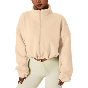 Sudadera corta de forro polar beige para mujer, cuello alto, hombros caídos, manga larga, estilo oversize, para otoño, color liso, con cremallera frontal, OEM - Product Image 1