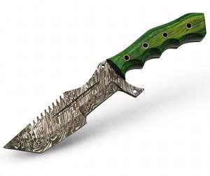 Couteau utilitaire à lame saillante en acier Damas artisanal, manche en bois Pakka vert, outil de forge DIY OEM Iron Crown - Product Image 1