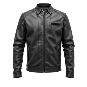 Veste de moto en PU pour homme de qualité supérieure, col montant, fermeture éclair, coupe ajustée, couleur unie, veste de moto d'automne respirante - Product Image 3