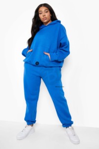 Women Plus Size Blue Hooded Tracksuit Set Casual Full Sleeve Joggers With Pockets Autumn Solid Color Cotton Sweatshirt <b>Pants</b> - Product Image 1