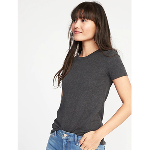 Camiseta de Cuello Redondo de Algodón Negro para Mujer, Corte Ajustado, Informal, Manga Corta, Color Sólido, Tejido de Punto Jersey, para Todas las Temporadas - Product Image 4