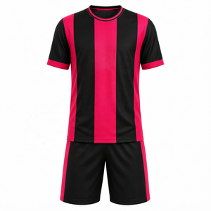 Ensemble de maillot et short de football rayé noir et rose pour hommes, uniforme de football personnalisé, polyester respirant, kit sportif d'équipe - Product Image 1