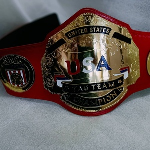 Cinturón de Campeonato NWA Tag Team USA, Cinturón de Cuero Rojo Grueso con Placas de Latón de 2 mm, Cinturón de Lucha Libre - Product Image 3