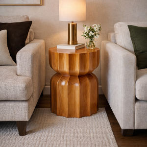 Tabouret à lattes en bois de Suar massif, écologique, design cylindrique cannelé moderne, qualité robuste, fait main, pour chambre et hôtellerie - Product Image 6