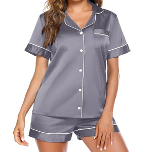 Women's Gray Satin Short Sleeve Pajama <b>Set</b> Turn-Down Collar Button Front Solid Color Summer Sleepwear - Product Image 1