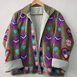 Morvi-Fab 2026 #69 <b>Women</b>’s Olive Green Embroidered Cotton Jacket, Colorful Floral Suzani Embroidery, Boho Casual <b>Outerwear</b> - Product Image 3