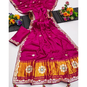 Sari de Seda Gaji Pura con Bordado Gota Patti, Sari Tradicional de Diseñador para Bodas - Product Image 1