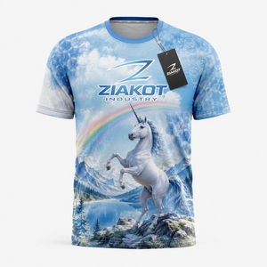 อุตสาหกรรม ZIAKOT เสื้อยืดผู้ชายดีไซน์ใหม่ลาย 3 มิติสีฟ้าขาวลายยูนิคอร์นใต้สายรุ้งสำหรับการแสดง - Product Image 1