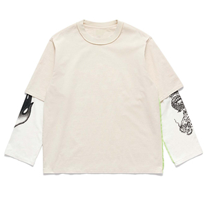 เสื้อยืดแขนยาวผู้ชายทรงโอเวอร์ไซส์สองชั้น คอกลม พิมพ์ลาย สไตล์สตรีท ผ้าคอตตอนเจอร์ซีย์ ทรงพอดีตัว แขนสองชั้น - Product Image 1
