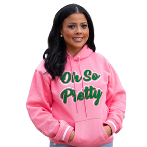 Sudadera con capucha rosa para chicas bonitas, sudadera universitaria unisex con letras griegas bordadas en chenilla, sudadera premium informal. - Product Image 1